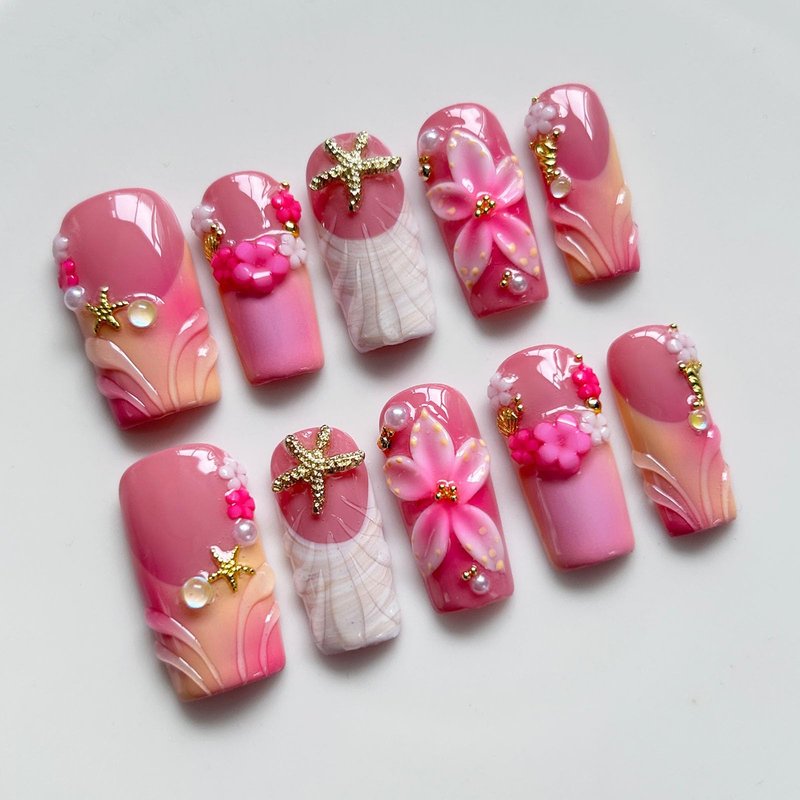 Press On Nails Medium Square Handmade 3D Flower Starfish Shell Pink French Tip Full Cover False Nails Stick on Nail for Women Beach Vacation Daily, 10Pcs (M)