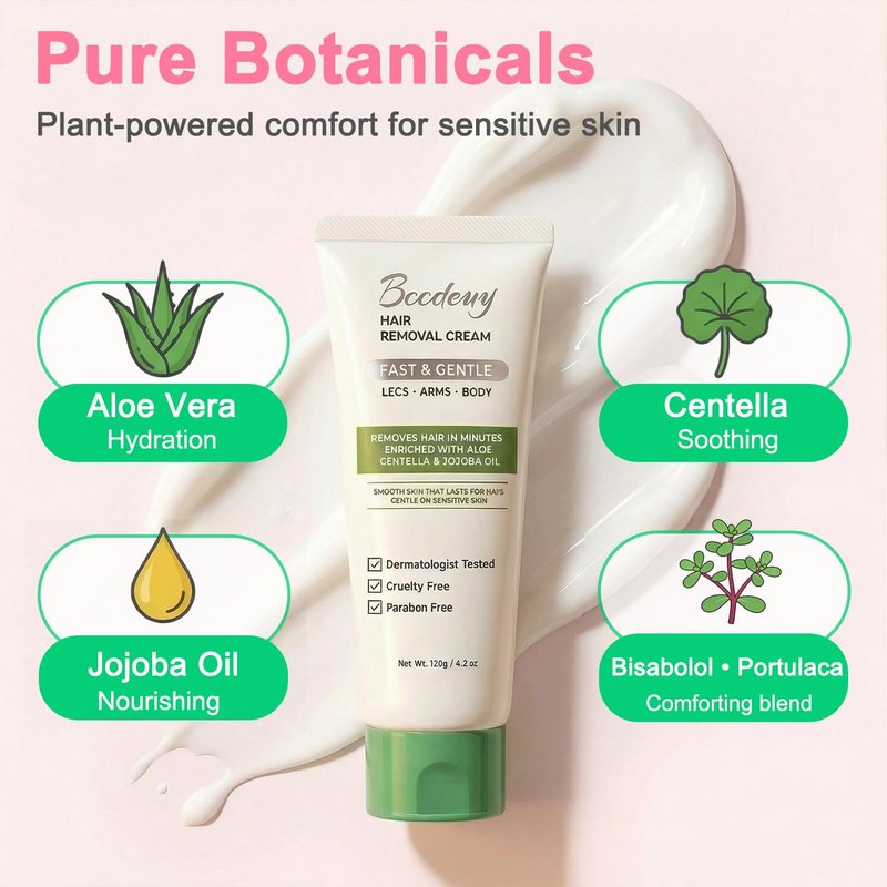 Bccdeuy Hair Removal Cream for Women & Men, 120g - Gentle Aloe & Jojoba Formula for Underarms, Arms, Legs & Bikini Line - Smooth Skin in Minutes