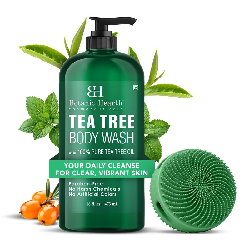 Botanic Hearth Tea Tree Body Wash with Silicone Dual-Sided Design Body Brush & Scrubber | Infused with 100% Pure Tea Tree Oil, Coconut, Jojoba |Foot & Body Cleanser | Paraben Free |16 fl oz