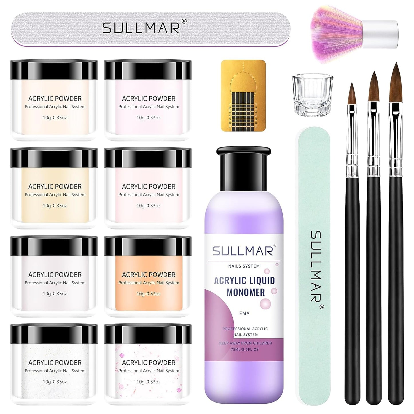 SULLMAR Acrylic Nail Kit For Beginners With Everything 8 Colors Acrylic Powder Acrylic Liquid Monomer With The Acrylic Nail Brush NailT Ools Nail Kits Acrylic Nails