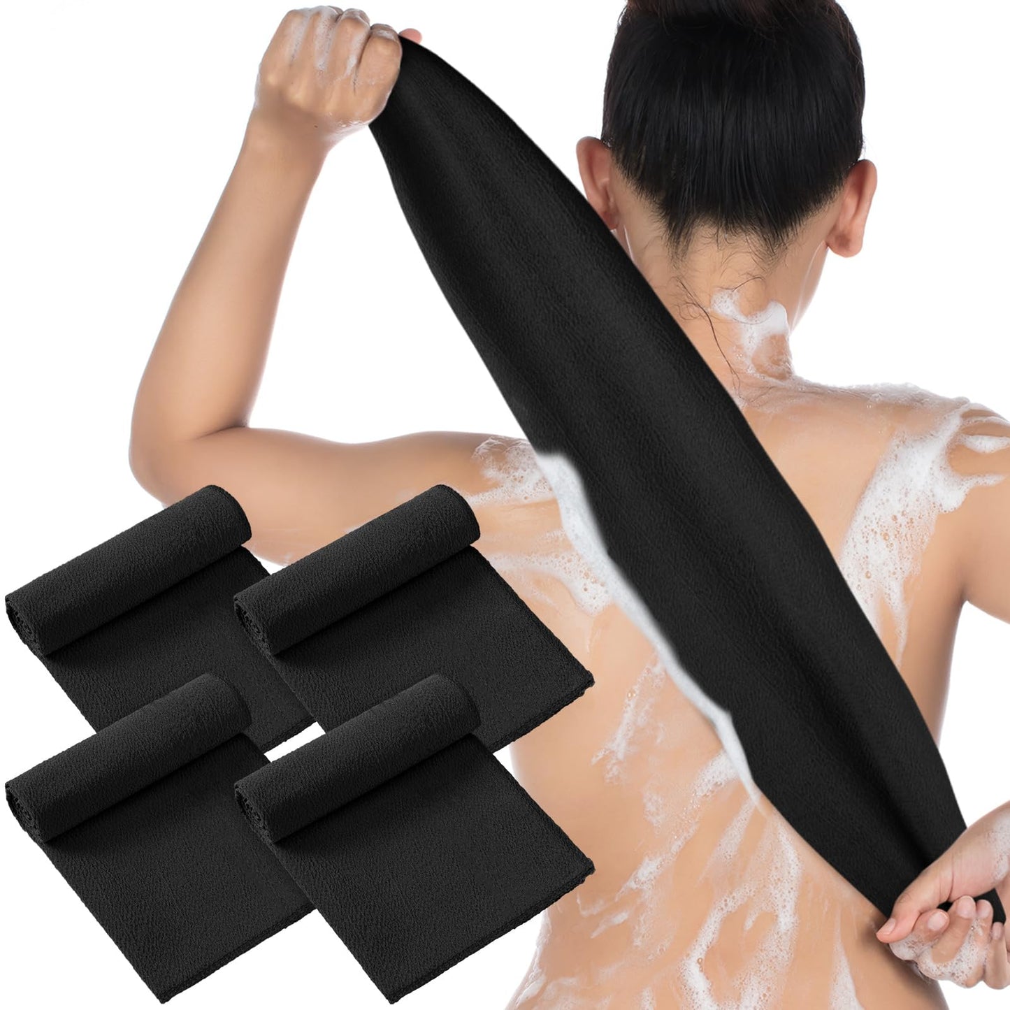 Tatuo 4 Pieces Korean Exfoliating Washcloth Body Back Scrubber Japanese Italy Exfoliating Cloth 35.5 Inch Long Bath Towel Washcloth Dead Skin Remover for Men Women(Black)