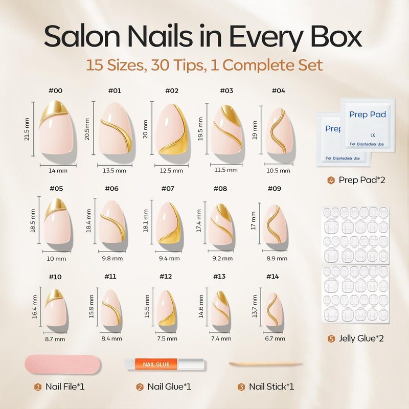 Modelones French Tip Press on Nails Almond, Short Almond Fake Nails, Semi-Transparent Soft Nail Kit with Nail Glue Adhesive Tabs Nail File, Spring Nails Press Ons 30Pcs 15 Sizes, Golden Line