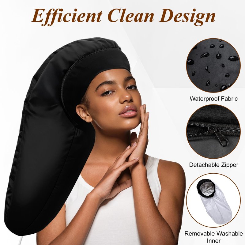 Heated Cap for Deep Conditioning: Upgraded Extra Large 10-Level Fast Heating 3 Time Settings Hair Steamer Cap for Natural Black Hair Portable Thermal Steam Cap for Home Hair Treatment - Deep Black