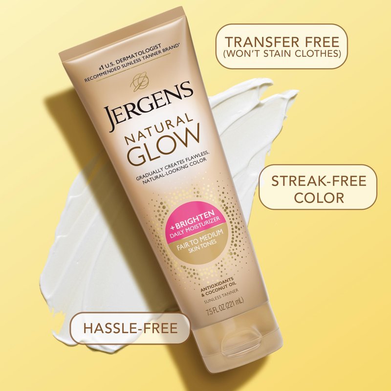 Jergens Natural Glow Self Tanner Body Lotion, Sunless Tanning, Fair to Medium Skin Tone, Daily Moisturizer with Coconut Oil, Vitamin E and Antioxidants, 7.5 Oz, Pack of 2