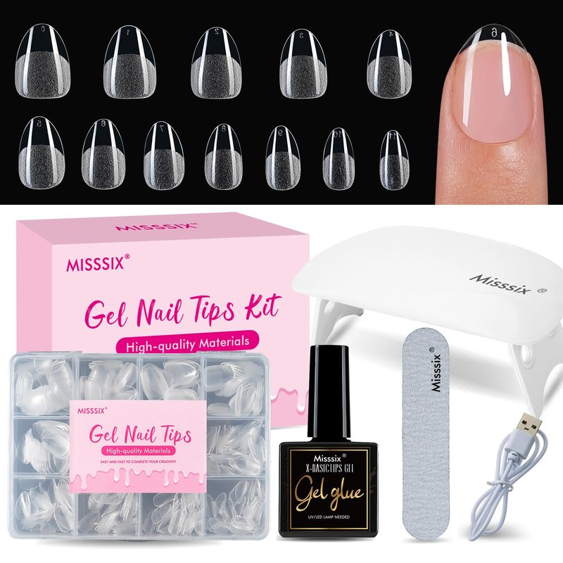 Misssix Extra Short Almond Gel Nail Tips Kit, 216Pcs Pre Etched Clear Fake Nails, Full Cover False Nail 9-in-1 Gel Glue and Portable Mini U V Nail Lamp for Women 12 Sizes