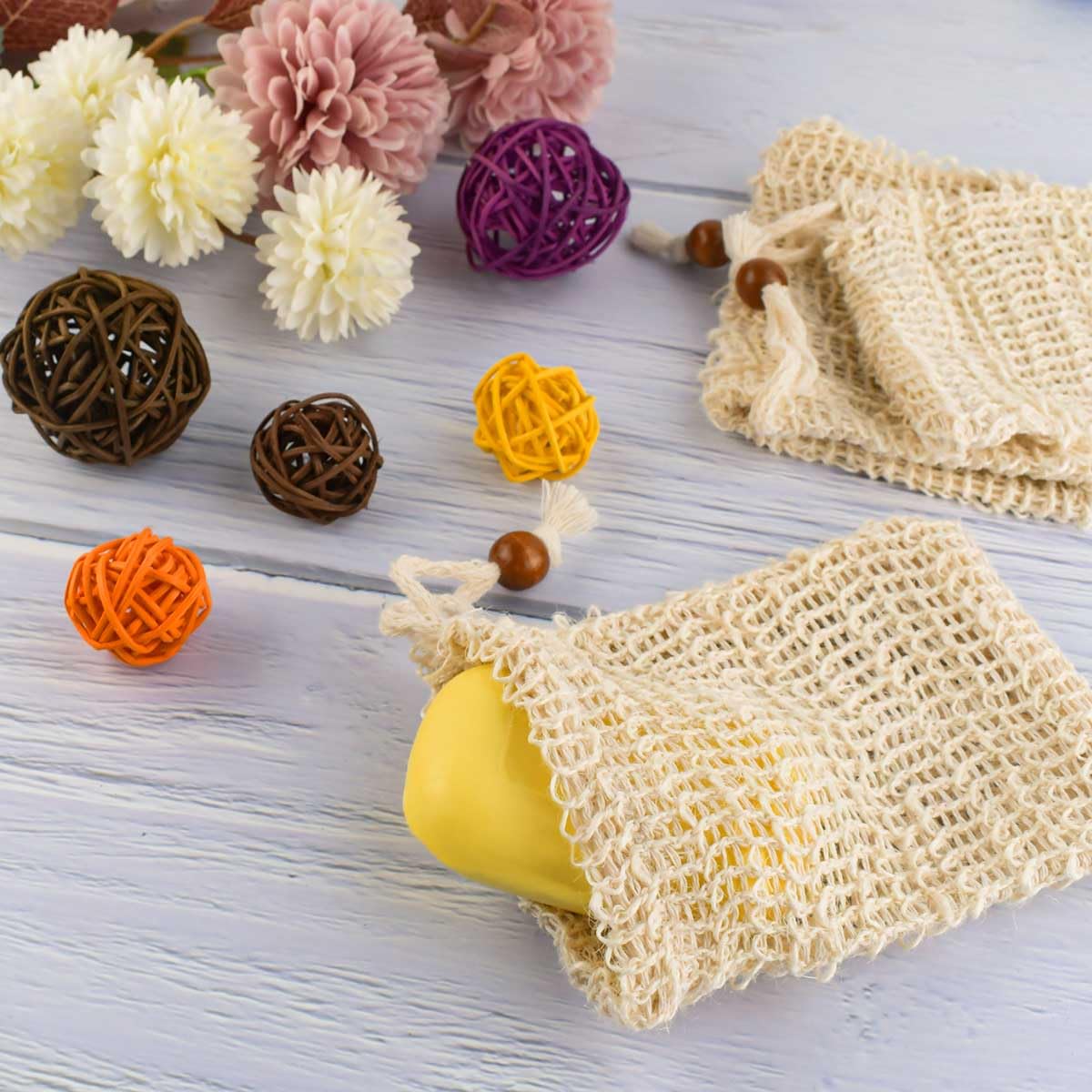 5 Pack Soap Saver Bag Exfoliating Soap Saver Pouch Shower Soap Bag Mesh Bar Natural Sisal Exfoliating Soap Pouch for Bath and Shower Soap Bags with Drawstring Plastic-free Foaming and Drying Soap Bag
