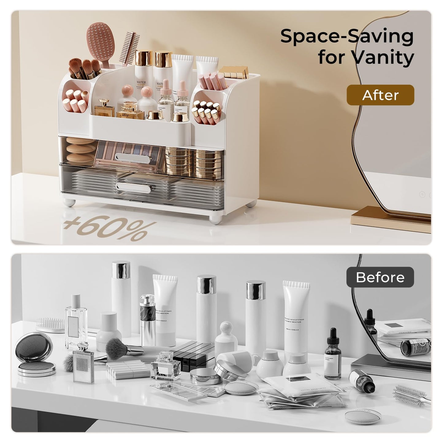 UFORU Makeup Organizer for Vanity with 2 Large Drawers, Cosmetic Display Case with Brush Holders, Easy to Storage for Bathroom Countertop Skincare, Perfume, White