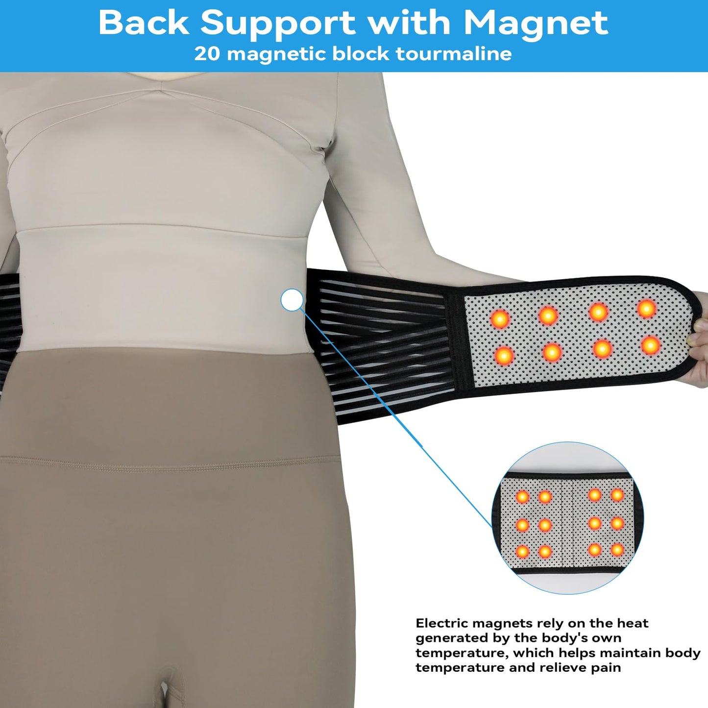 KkaFFe Back Support with Magnet, Tourmaline Magnetic Back Braces for Lower Back Pain Relief, Self Heating & Soothing Waist Band, Lumbar Support Belt for Herniated Disc/Sciatica(Medium)