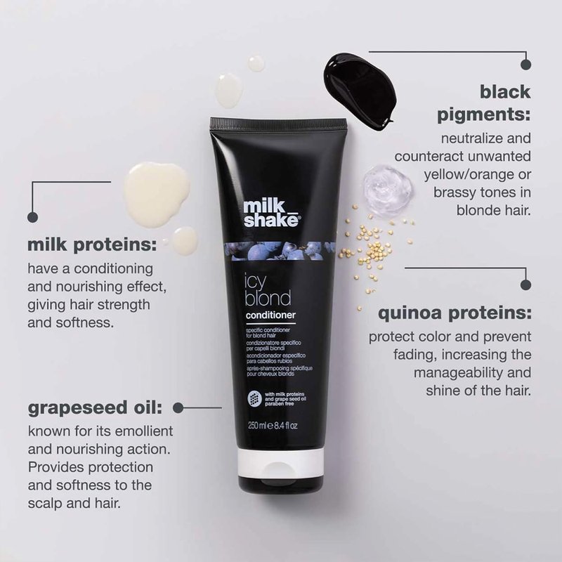 milk_shake icy blond conditioner | award winning toning conditioner with black pigment to neutralize yellow and brass in platinum blonde hair | hydrates and brightens cool tones