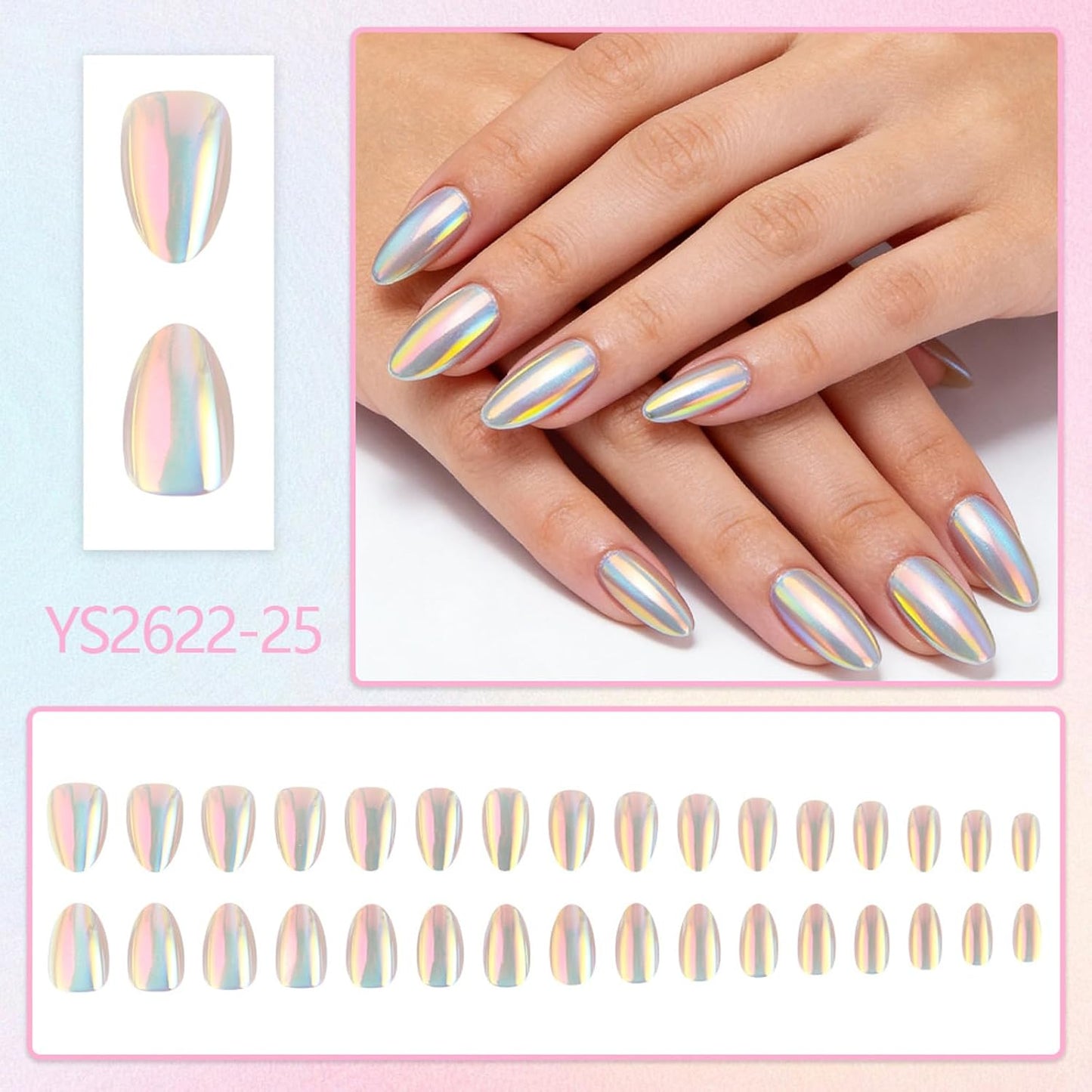 Skiennix Short Almond Press-On Nails - Chrome Metal Mirror Design | 32 Pcs Glossy Full Cover Acrylics
