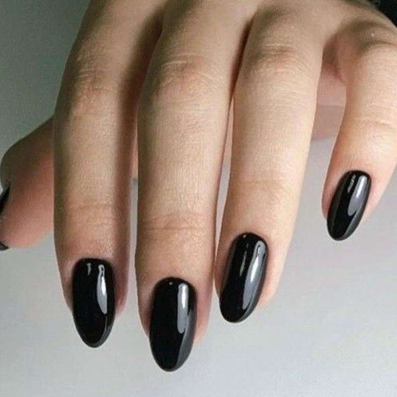 modelones Black Short Press on Nails, Oval Fake Nails Kit Press Ons with Nail Glue, Adhesive Tabs, Nail File, Prep Pad, Manicure Stick, 32Pcs 16 Sizes, Women Girl Gift