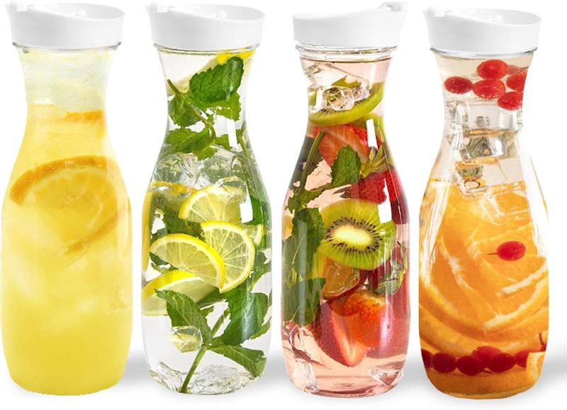 DilaBee Plastic Pitcher With Lid (4-Pack, 32oz) Round Plastic Beverage Dispenser for Water, Juice, Iced Tea - Water Pitchers, Carafes for Mimosa Bar - Clear Drink Dispenser BPA-Free - HAND-WASH ONLY