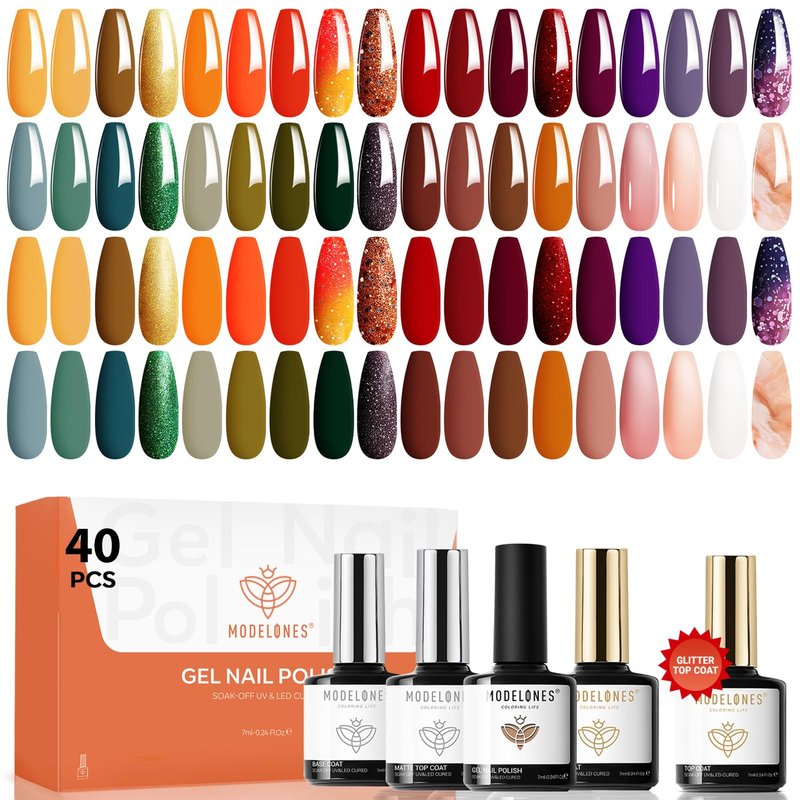 Modelones 40 Pcs Gel Nail Polish Set - Vibrant Colors with Base & Top Coats | Perfect for DIY Manicure