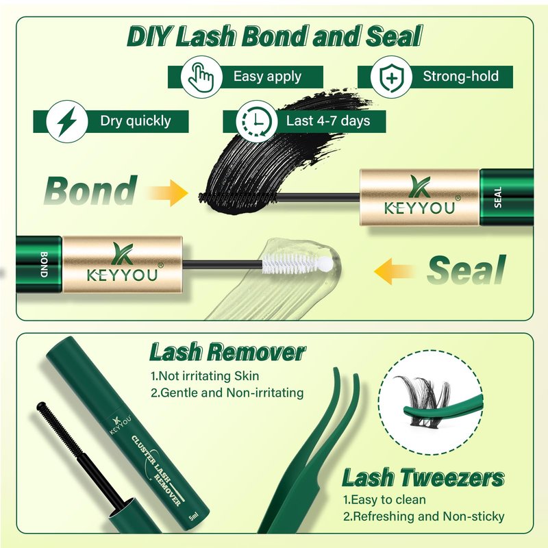 KEYYOU Flora Lash Clusters Kit Flaunt D Curl Natural Lashes 144pcs Lash Extension Kit 8-18mix Lash Clusters Fluffy Lashes with Ultra-Thin Soft Band with Remover Waterproof Bond and Seal(F01 Kit)