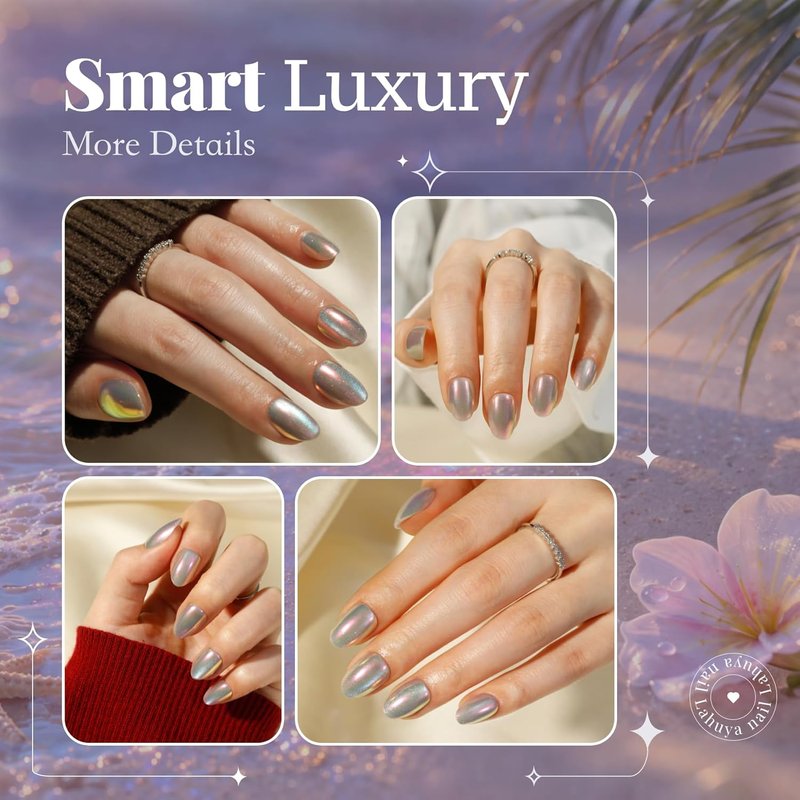 Press On Nails - Aurora Pearl | Iridescent Chrome Short Oval Fake Nails | 30 Nail Kit with Glue, 15 Sizes Available