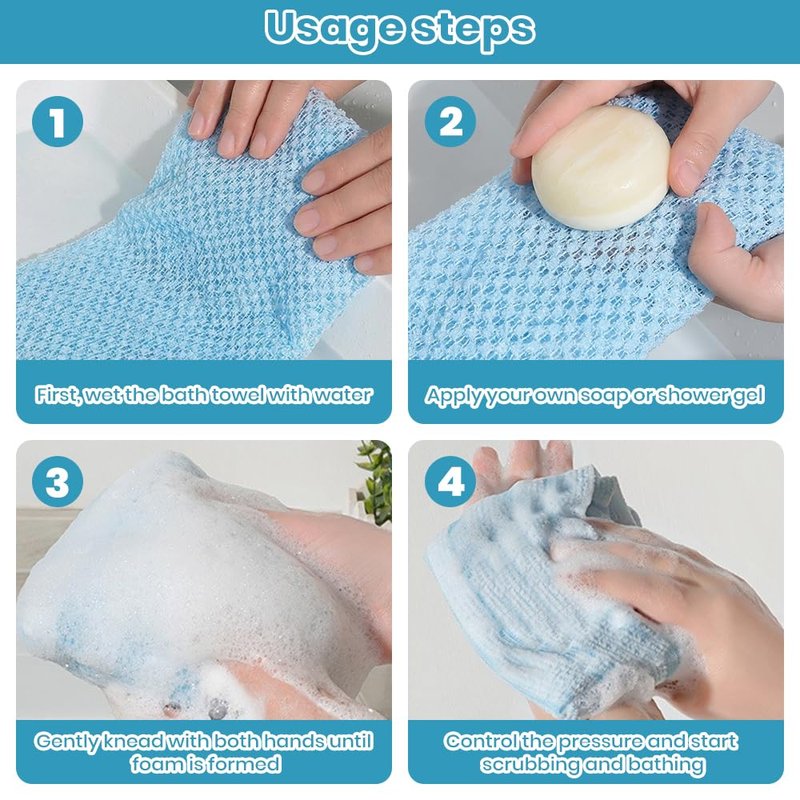 Exfoliating Washcloth 2 Pack - Japanese Exfoliating Shower Towel, Soft Wash Cloths for Showering Body & Face, Bath Towels for Women Men (Blue/Pink)