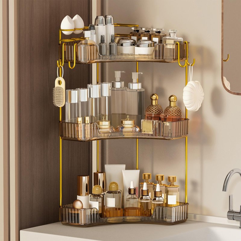 Greenby 3-Tier Corner Bathroom Counter Organizer，Makeup & Skincare Shelf with Built-in Brush Holder，Space-Saving Bathroom Countertop Organizer for Skincare, Perfume, Cosmetics(Amber)