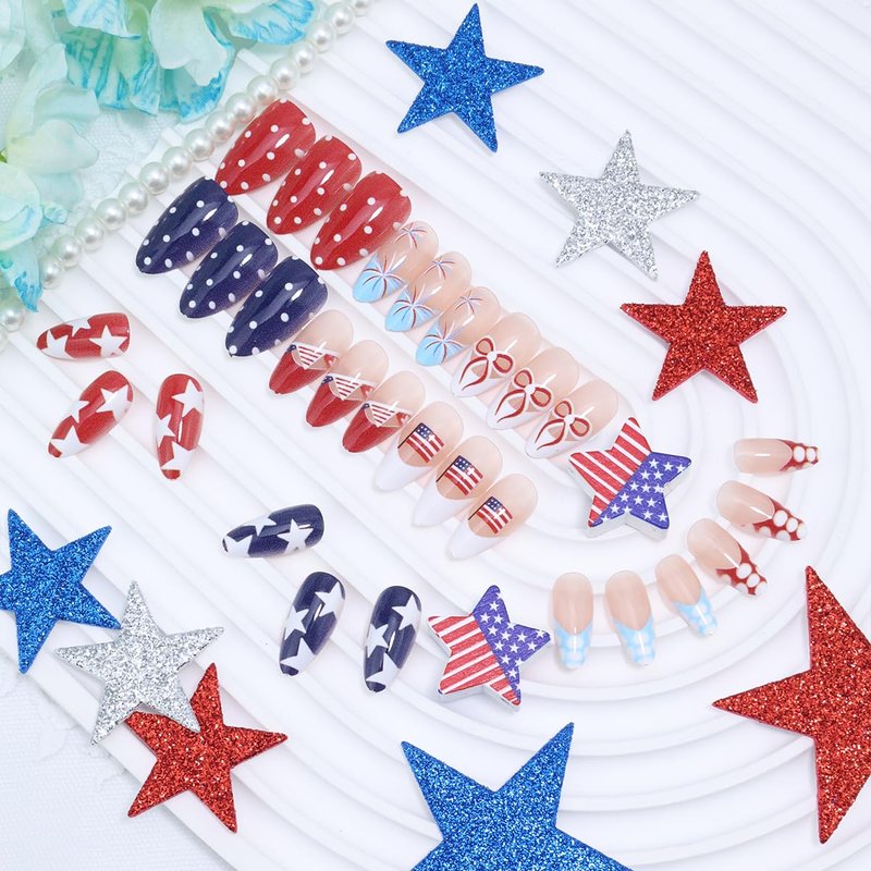 Independence Day Press-On Nails - 30Pcs Medium Almond Red, White & Blue Star Design | Reusable Patriotic Fake Nails for Women
