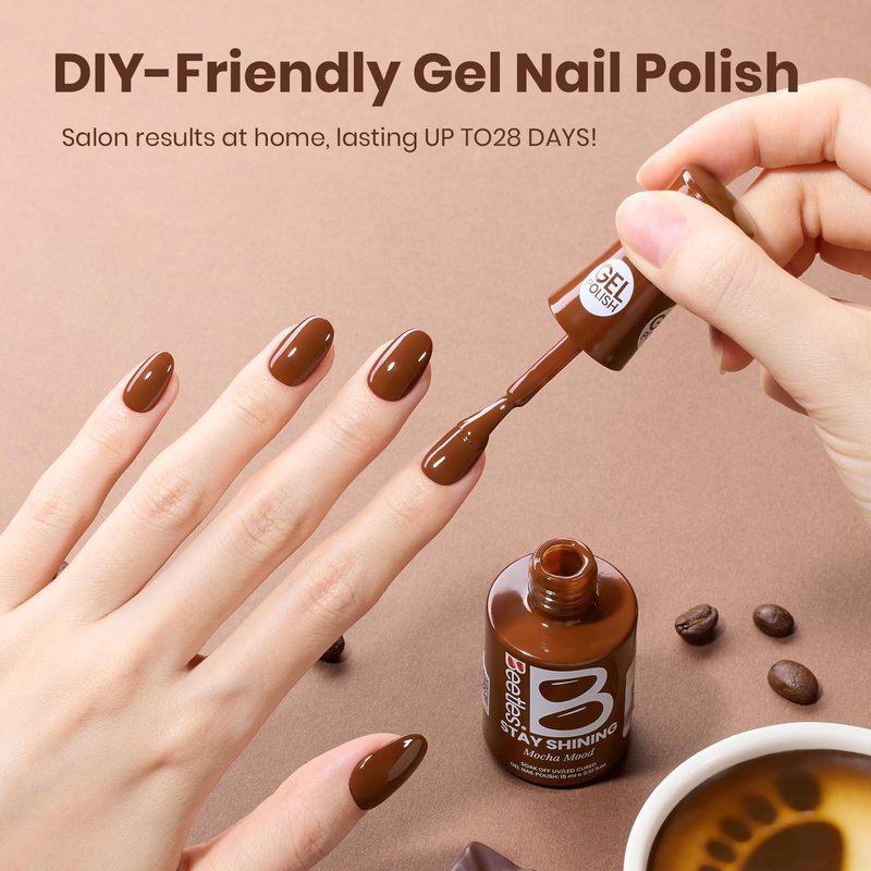 Beetles Brown Gel Nail Polish - Mocha Mood 15ML/0.51Fl Oz, Dark Brown Gel Polish, Same Color Same Bottle STAY SHINING Series, Soak Off UV LED Lamp Nails Art, Long-Lasting Manicure Salon DIY Home