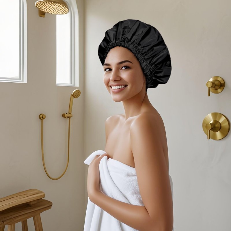 Reusable Shower Cap for Women, Large Waterproof Shower Bonnet Washable Elastic Band Bath Accessories Hair Hat for Long Hair, Braids(Black&Purple)