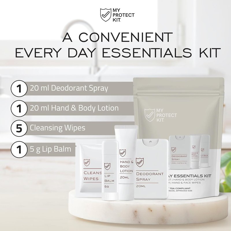 MY PROTECT KIT Everyday Essentials Travel Kit – TSA Compliant Hygiene & Toiletry Set with Deodorant Spray, Lotion, Lip Balm & Cleansing Wipes, Self Care Kit for Purse, Gym, Hotels & Airbnb