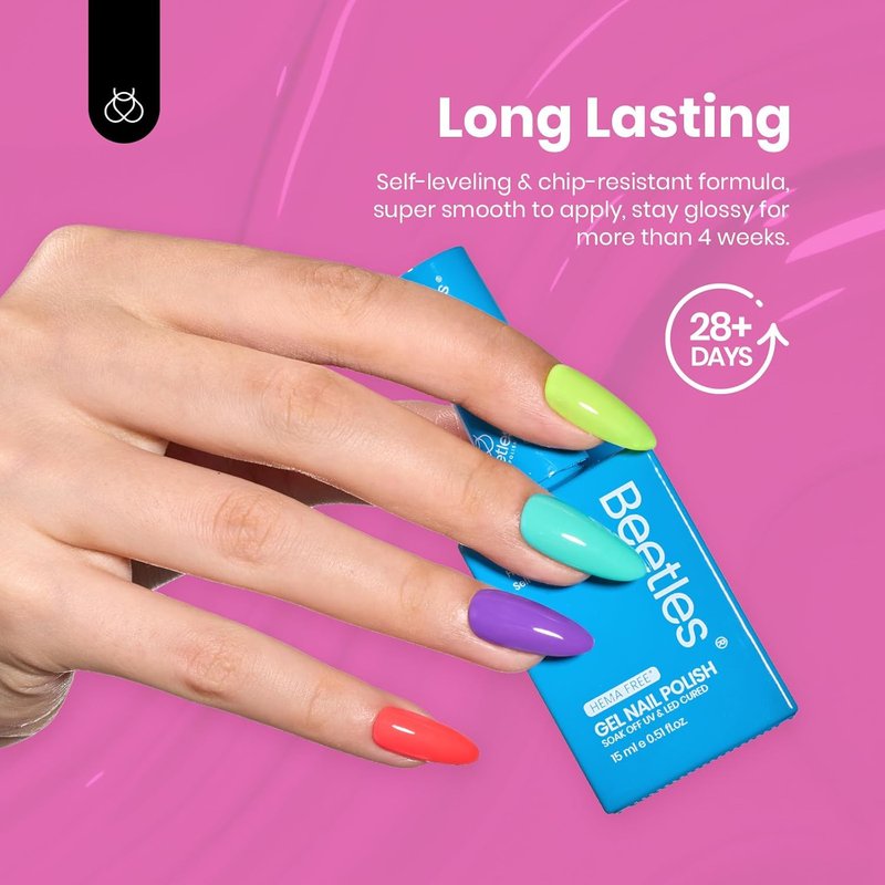 Beetles Neon Gel Nail Polish - Neon Bubbles, Hema Free 6 Colors Summer Gel Nail Polish Set Full Size Hot Pink Orange Yellow Blue Purple Green Soak Off UV LED DIY Bright Rainbow Summer Nails Salon