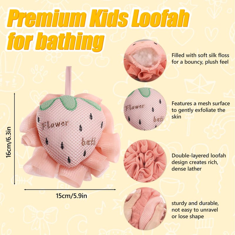 Kids Loofah, Cute Cartoon Animal Kids Bath Sponge with Hanging Rope, Soft Double Mesh for Rich Lather (Pink Strawberry)