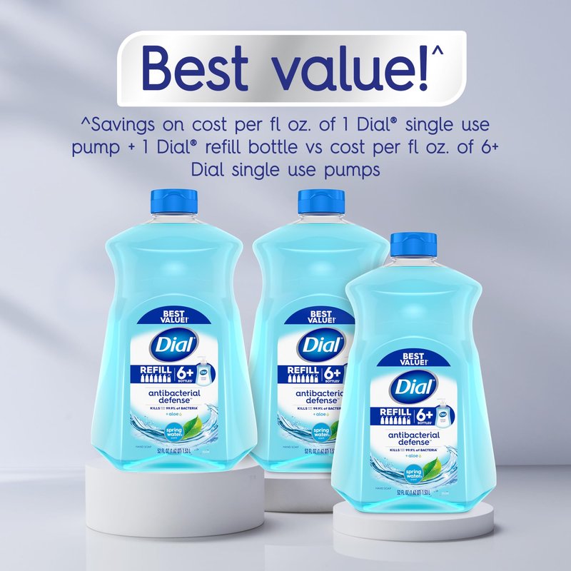 Dial Antibacterial Defense Liquid Hand Soap + Aloe, Spring Water Scent, 52 Fl Oz Hand Soap Refill (Pack of 3), Dermatologist-Tested, Gentle Formula
