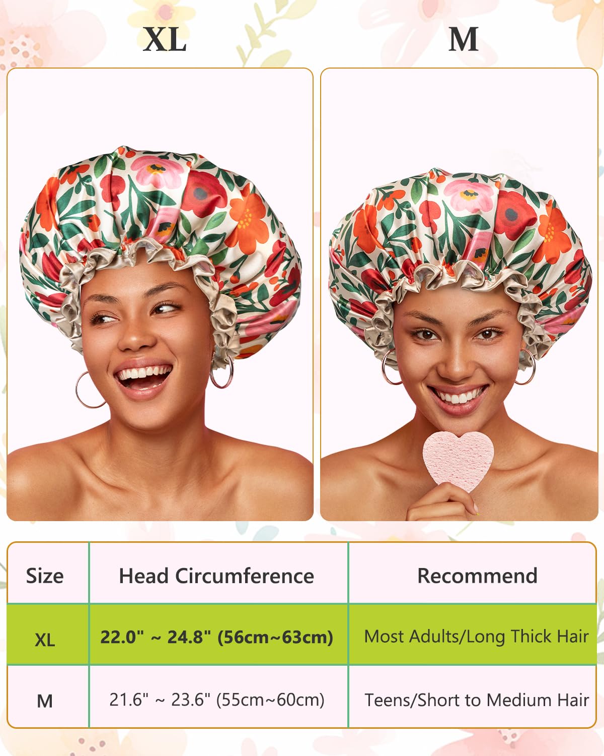 mikimini Large Shower Cap for Women Reusable Waterproof, Extra Large Hair Cap with Adjustable Elastic Band and Vibrant Floral Print, XL Bath Cap for Long Hair & Short Hair