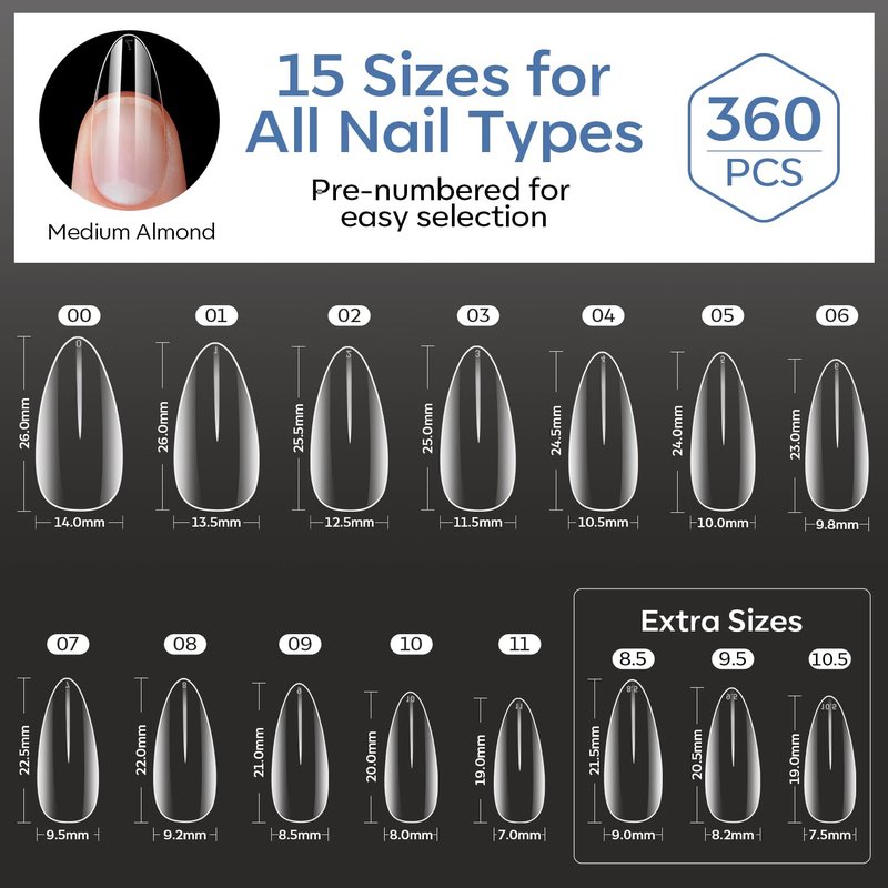 Medium Almond Gel Nail Tips - 360pcs Clear Press-On Full Cover Acrylic Nails | 15 Sizes for Salon Extensions