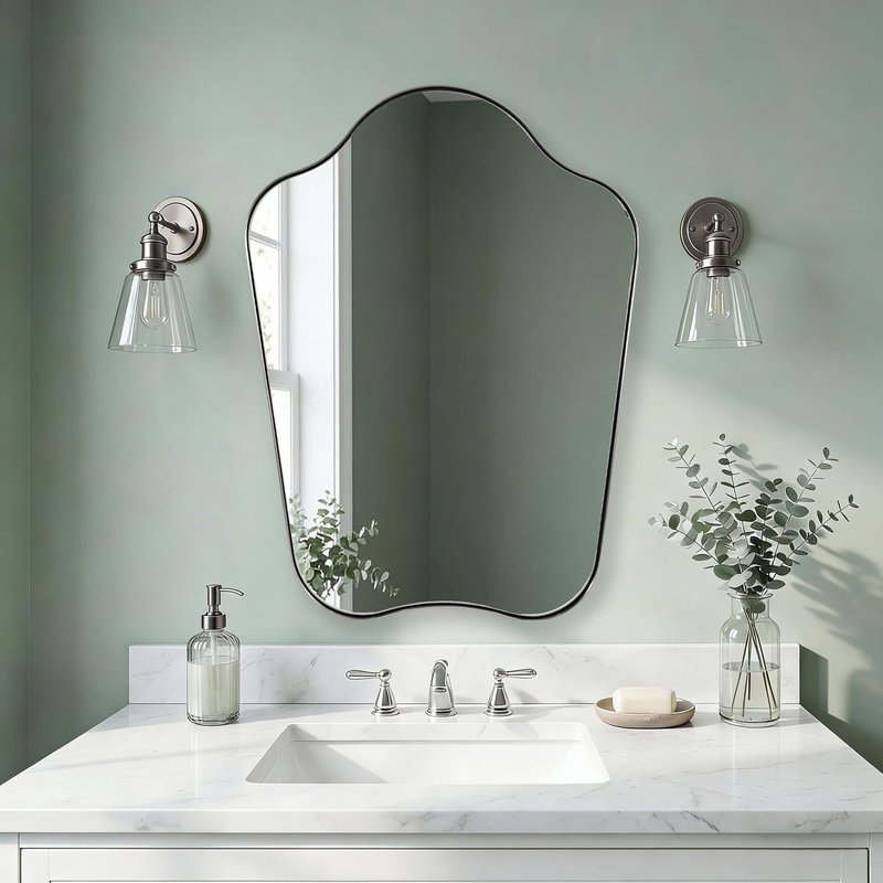 ANDY STAR Brushed Nickel Bathroom Mirror, 24x32 Scalloped Wall Mirror for Vanity, Curved Shaped Mirror for Entryway, Bedroom, Anti-Rust Stainless Steel Frame