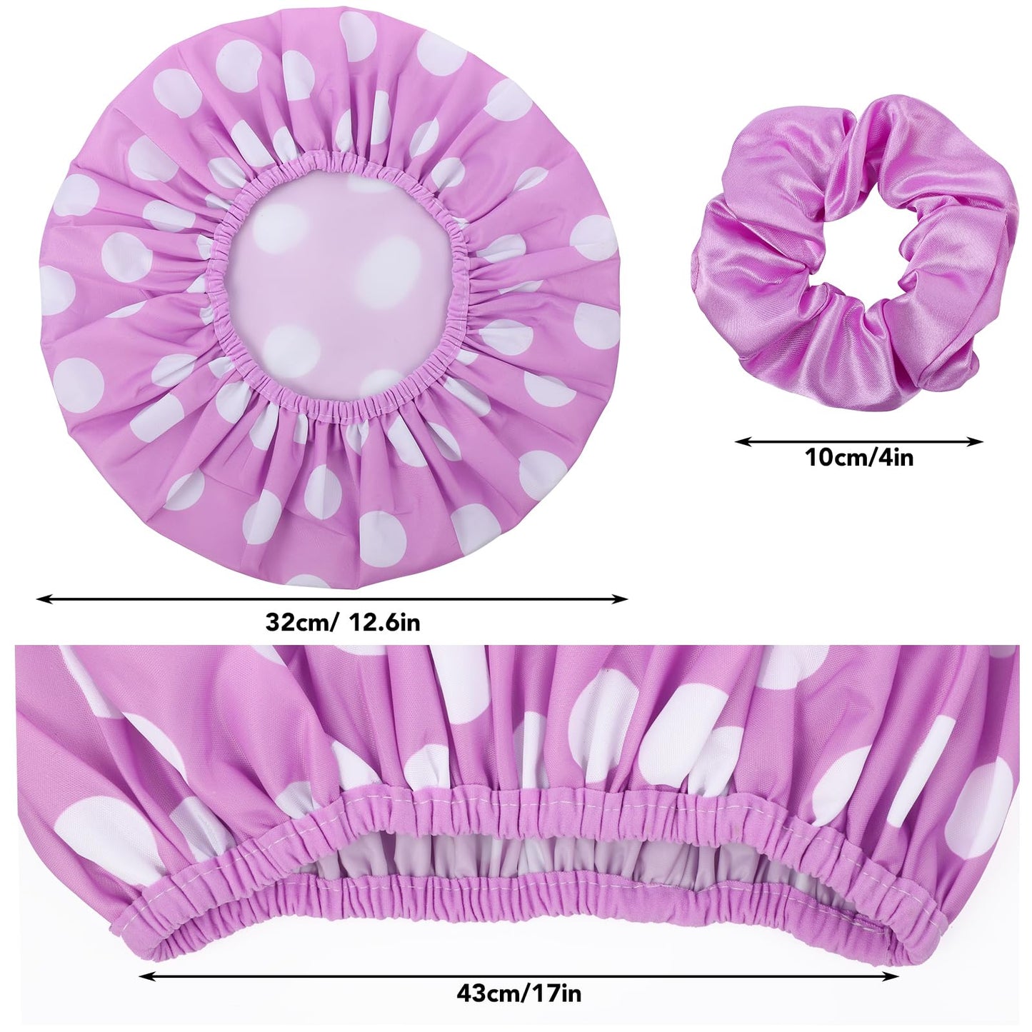 WSICSE 2 Packs Large Shower Caps for Women, Reusable Waterproof Shower Cap Bath Caps with Hair Scrunchies for Long Thick Hair (Purple/Orange)