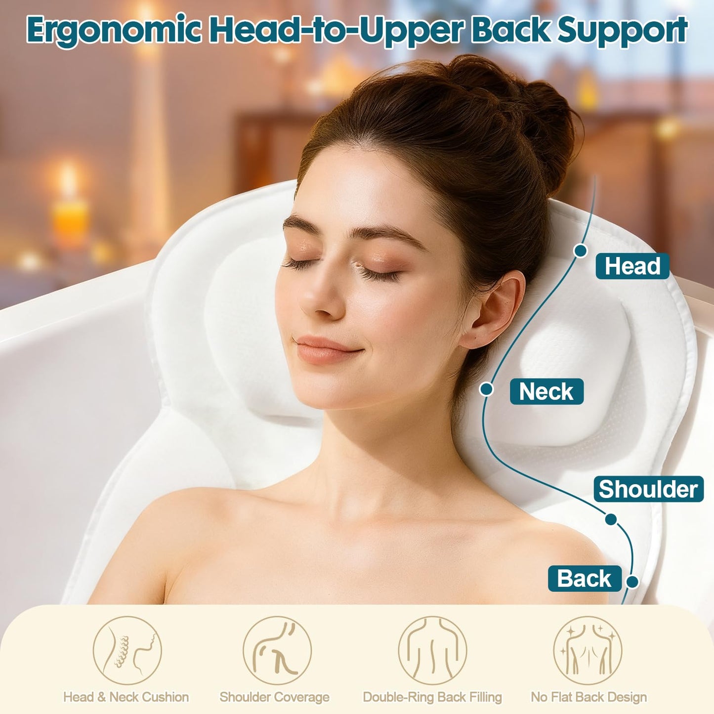 Bath Pillows for Tub, Upgraded 2025 Bathtub Pillow for Head, Neck & Back, Extra Thick Double-Ring Support, Quick-Dry Fabric, Non-Slip Spa Cushion, Ideal Gift