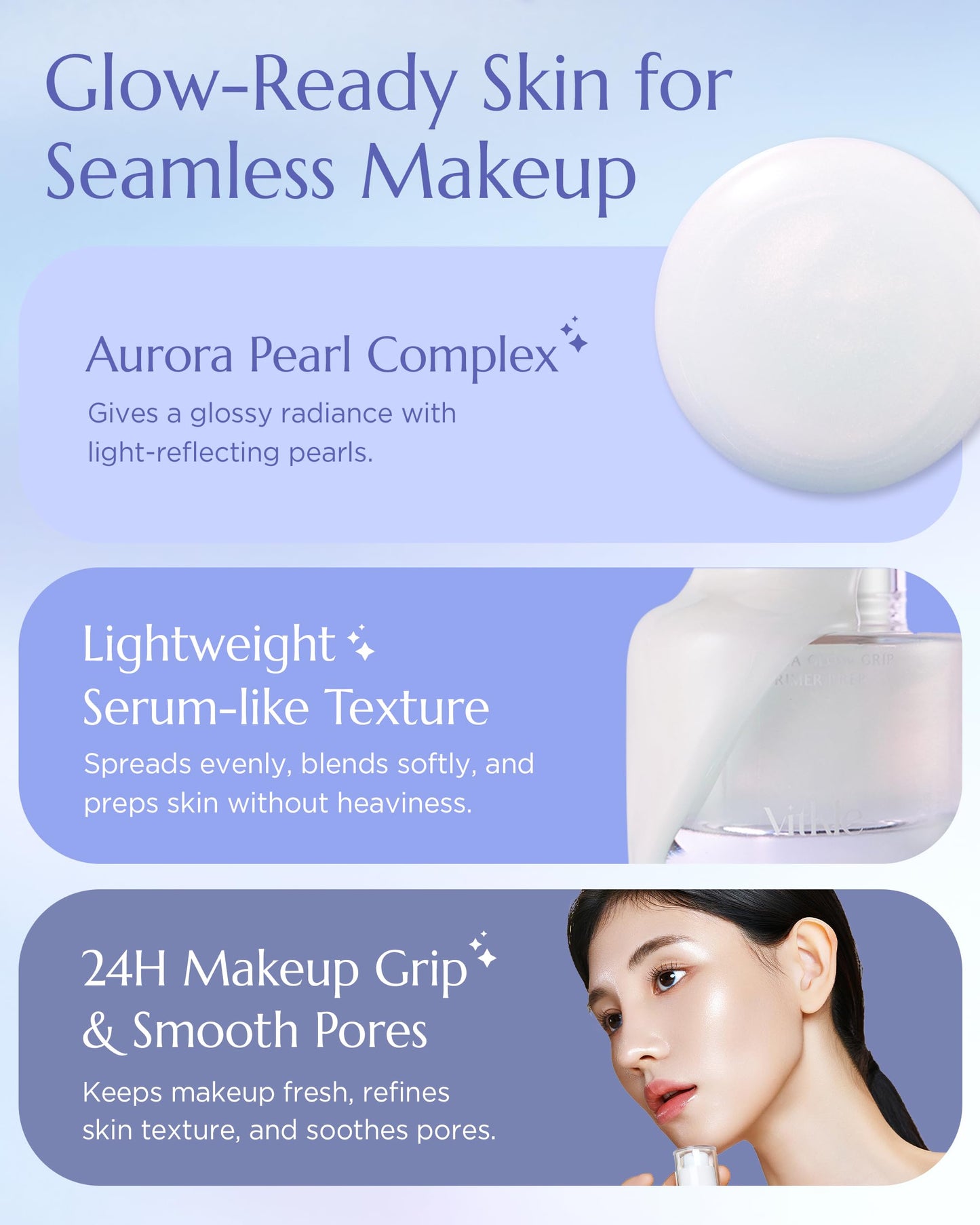 Vitkle Aurora Glow Grip Primer Prep - Korean Illuminating Makeup Base for Radiant Skin - 8-Layer Hyaluronic Acid and Ceramides - Pore Minimizing, Sebum Control, Long Lasting Makeup, 1.01 fl.oz.