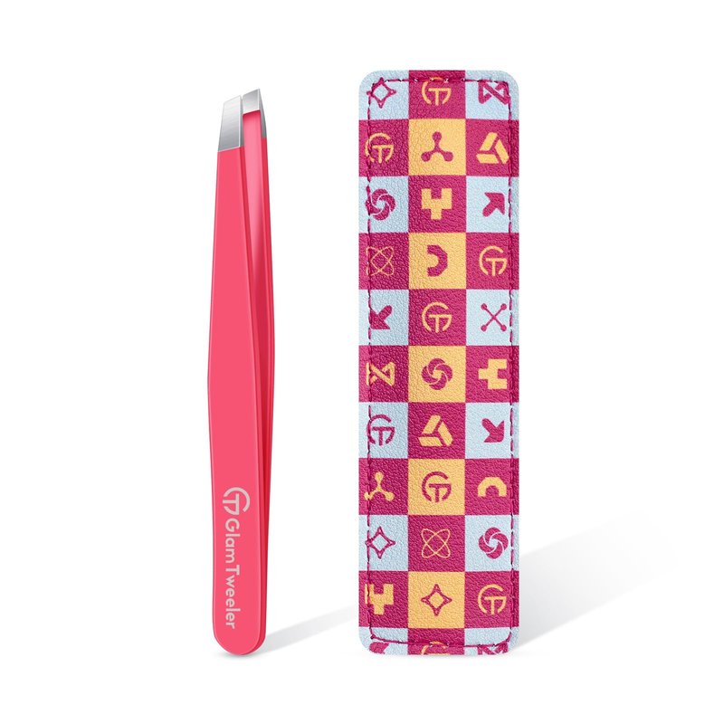 Expert Eyebrow Hair Removal Tweezer with Leather Case, GlamTweeler High Precision Slant Tip Stainless Steel Tweezers for Men and Women (Hot Pink)