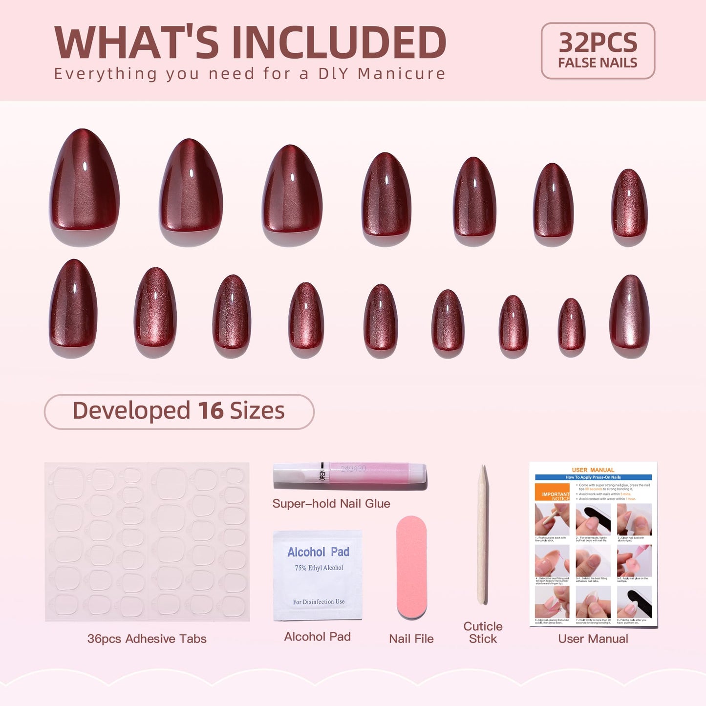 WAFOLOZE Gel Press On Nails - Almond Short Fake Nails With Glue, 16 Sizes, 32Pcs Reusable Soft Gel False Tips Kit, Wine Red