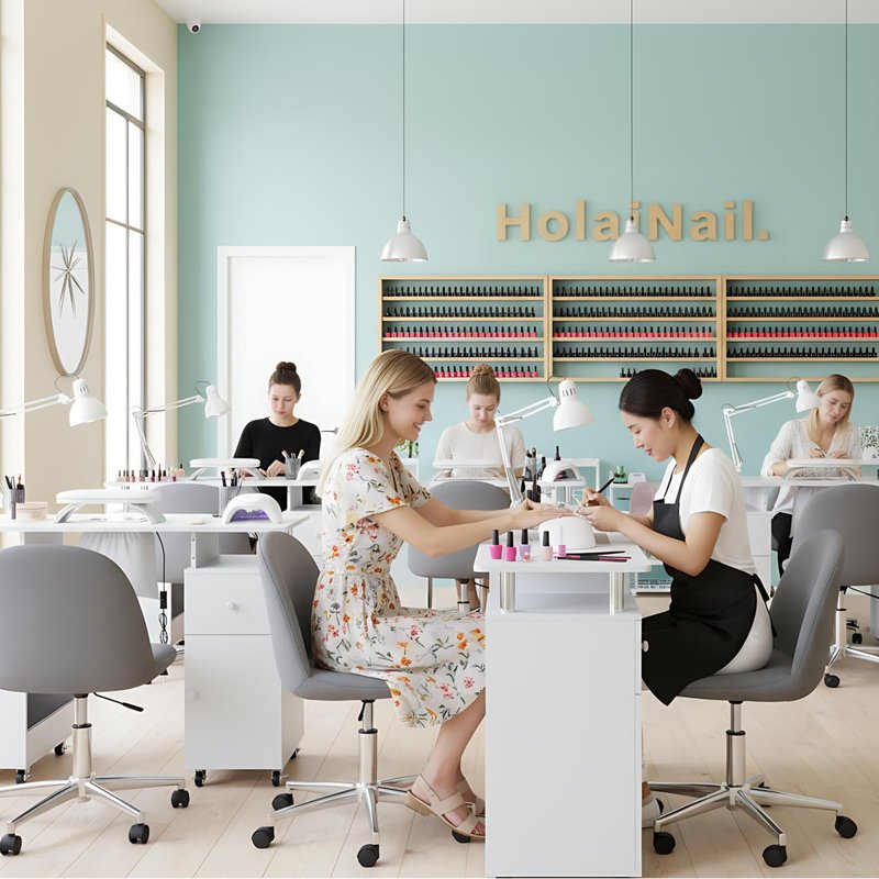 HolaiNail Manicure Table Nail Desk for Nail Tech, Acetone Resistant Beauty Salon Station with Dust Collector, Wrist Pad, Lockable Wheels, Drawer & Cabinet, White