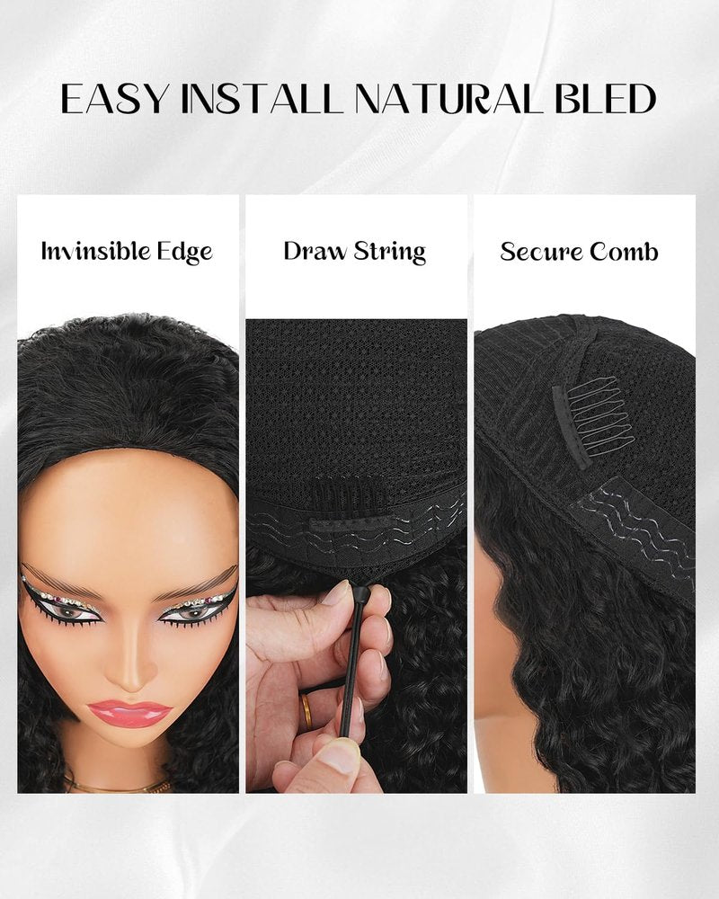 Pobokix Burmese Curly Half Wigs Human Hair Glueless Flip Over Half Wigs Wear Go Drawstring Wigs For Black Women Beginner Friendly No Glue No Sew 180% Density 26inch Natural Black