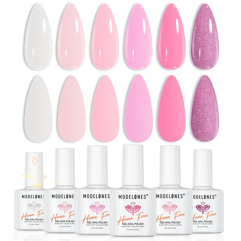 modelones Pink Gel Nail Polish Set, Hema-Free 6 Colors 2026 Summer Milk White Pastel Light Pink Baby Tones Neon Hot Pink Glitter Gel Polish Kit LED Nail Art Gift Salon DIY Kit Nail Lovers Gift