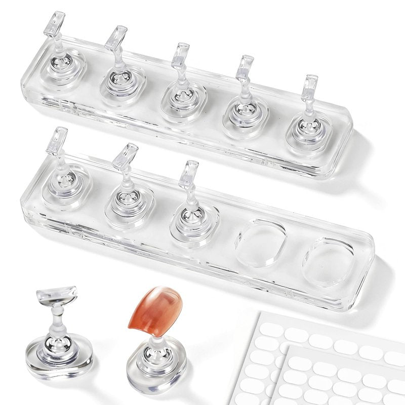 ESUOHYM Non Magnet Nail Stand for Press On Nails Holder Painting Practice Display Fake Nails, Nail Tip Holders with Oval Stand Base for Handheld Diy Design & 200pcs Double-Sided Tapes Home Salon