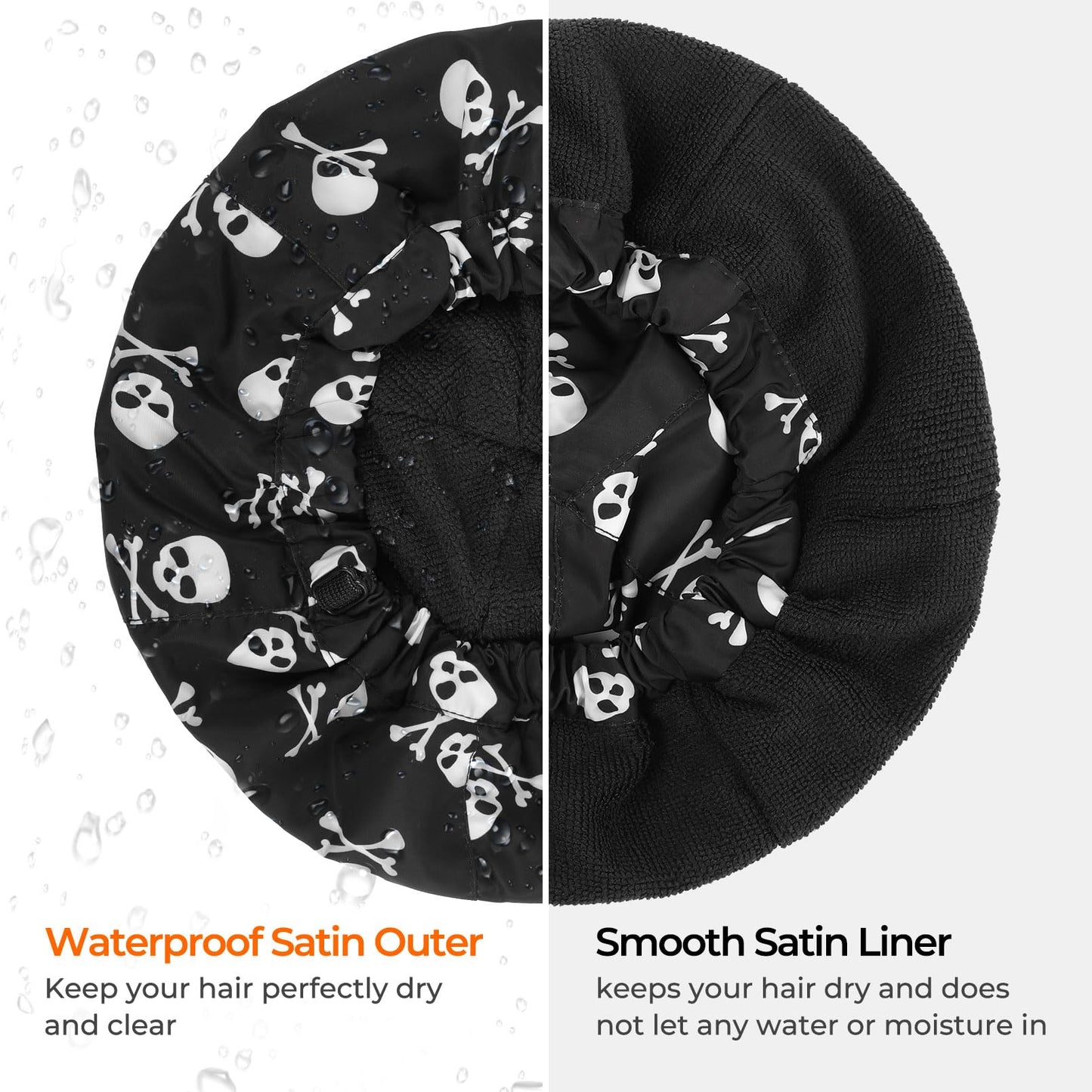 Shower Cap for Men Skulls Bath Cap, Reversible Large Waterproof Adjustable Shower Caps Terry Lining & Elastic Band Stretch Hem Hair Hat