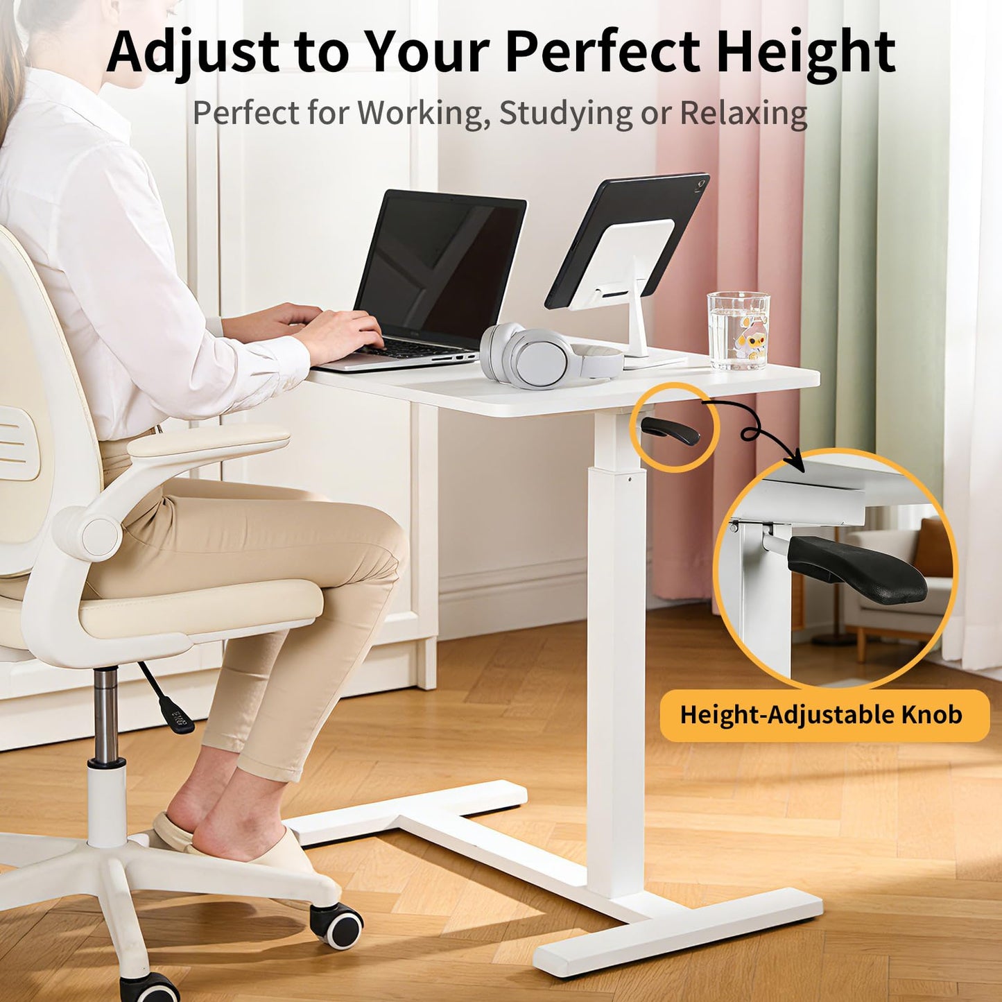 SOFTLYNICE Adjustable Standing Desk, Small Sit Stand Desk for Laptop, Overbed Bedside Table with Wheels, Compact Height Adjustable Desk for Home Office, Space Saving Workstation