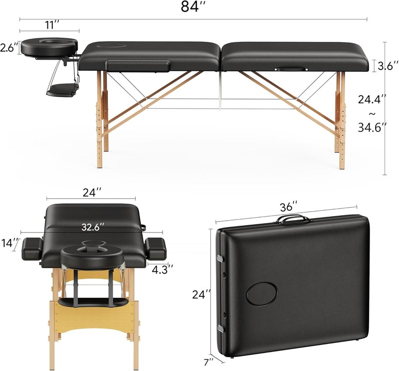 Brelley Portable Massage Table - Adjustable Height 24" Wide Foldable Spa & Tattoo Bed (Black)