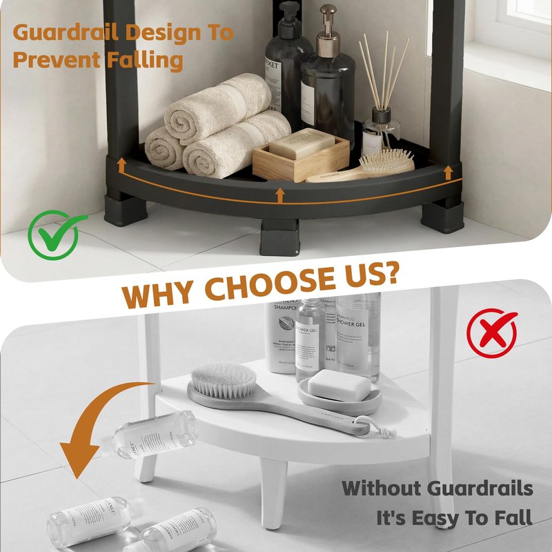 GallopFun Corner Shower Stool for Inside Shower, Waterproof Shower Bench for Shaving Legs, Plastic Anti-Fracture Shower Seat/Foot Rest with Baffle Storage Shelf, Rapid Assembly DIY Shelf (Black)
