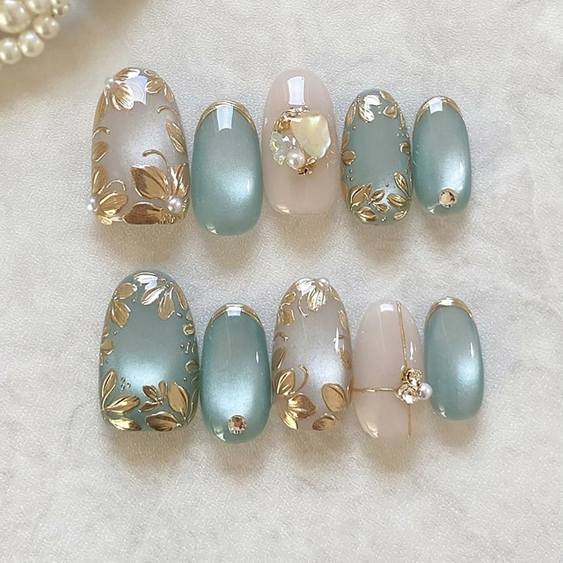 Gold Flower Press-On Nails - 24 Pcs Medium Almond 3D Floral Design | Full Cover Blue & White Acrylic Set
