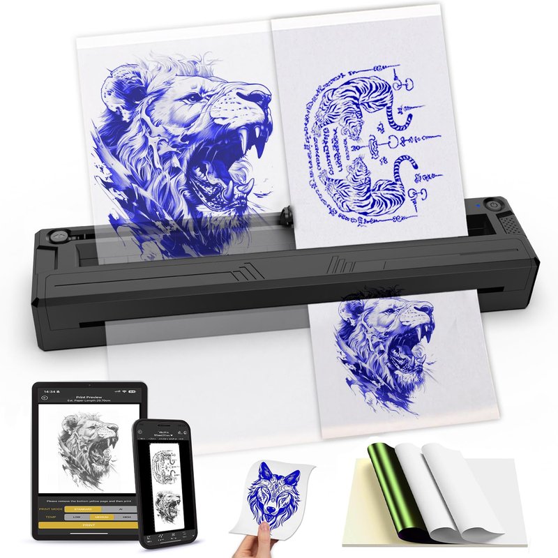Sacnahe Wireless Tattoo Stencil Printer, Portable Bluetooth Thermal Tattoo Printer with App Custom-Size≤ A4, Print Realistic Portraits, 10 Transfer Papers, Works for Phone/Tablet/PC (Black)