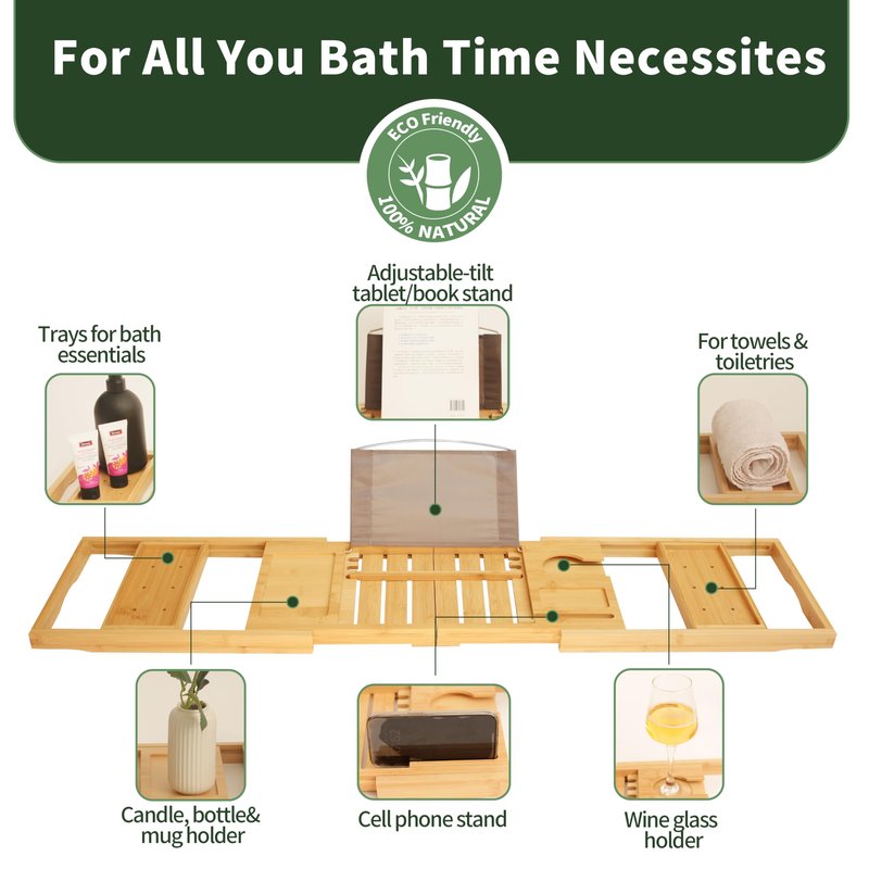 ARFETIGO Premium Bamboo Luxury Foldable Bathtub Tray - Natural Bamboo Bath Tray for Tub, Bamboo Bathtub Shelf, Expandable Bath Table Trays, Bathtub & Bathroom Accessories for New Home & Great Gifts