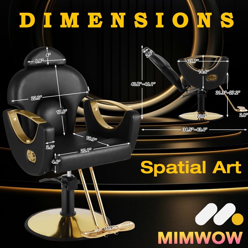 Reclining Salon Barber Chair - Heavy Duty Hydraulic Pump, 360° Swivel | Black Gold