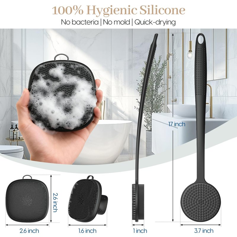 Back Scrubber for Shower & Face Scrubber, 2Pcs Silicone Exfoliating Brush Set with 17In Long Handle, Soft Body & Facial Cleansing Scrubber for Men Women