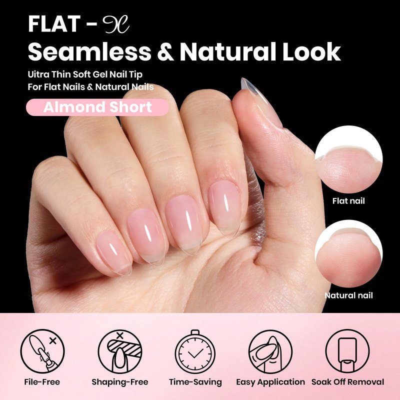 Beetles Gel Nail Kit Flat-X, Almond Short, 320pcs 16 Sizes Nail tips, with 15g Nail Glue Gel Hands-Free, 7.5ml Base Gel & Top Coat, Mini Lamp, for Acrylic Press On Nail, Extension DIY Set at Home